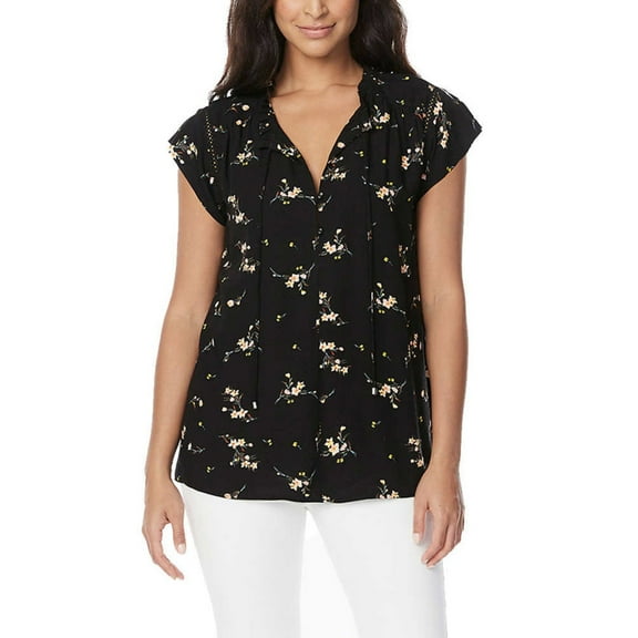 Buffalo Women's Floral Print Flutter Sleeve Lightweight Woven Top Blouse-Black / S