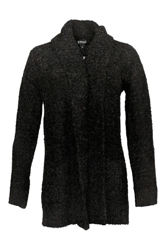 Women's Front Pocket Boucle Cardigan Wool Sweater, Black, Small