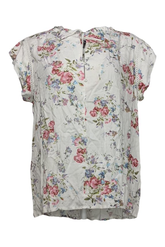 Buffalo Women's Top Sz M Reg Short Sleeve Floral Blouse Ivory