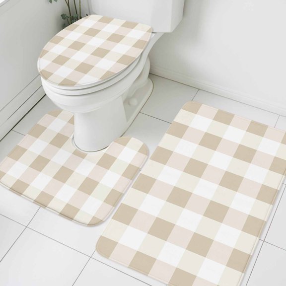 Buffalo Yellow Plaid Bathroom Rugs Set Spring Simple Pattern Non Slip Absorbent Soft Bath Mats 3 Piece Set with Bathroom Rug, U-Shaped Floor Mat, Toilet Seat Cover Large Size
