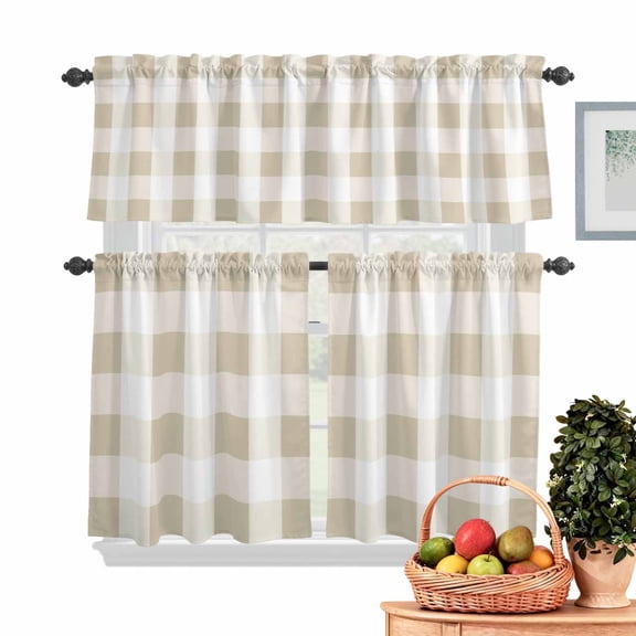 Buffalo Yellow Plaid Kitchen Curtains Valances 3 Piece Set, Spring Simple Pattern Rod Pocket Tier Curtain and Valance Drapes for Small Window 24 Inch Length for Bedroom Cafe