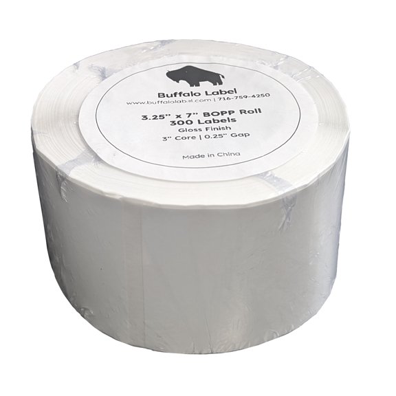 BuffaloLabel 3.25" x 7" x 300 Labels - White Gloss BOPP Roll Inkjet Labels - 3" Core - Blank