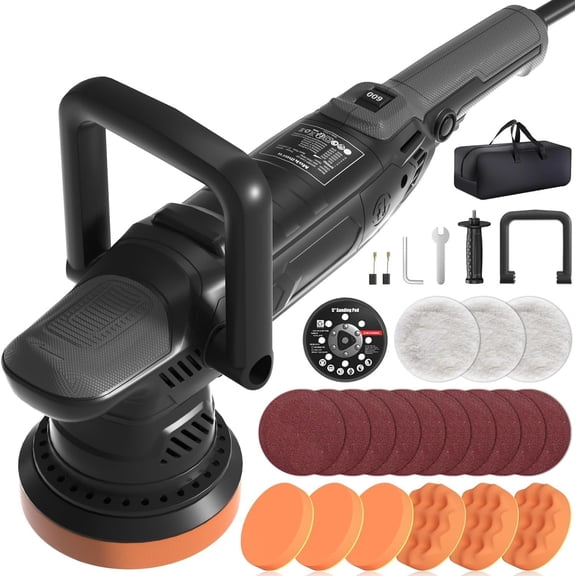 Buffer Polisher, 5 Inch Random Orbital Polisher, 1600W 6 Variable Speed 600-3600 RPM, 26 count Attachments, Polisher for Detailing, Boat Sanding, Scratch Removing