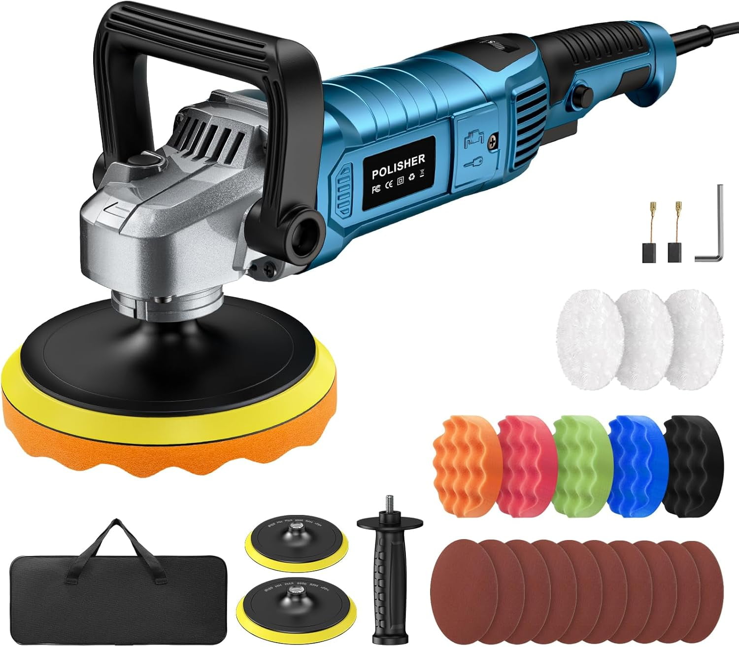 Buffer Polisher Kit for Car - 1600w 6/7 Inch Random Orbital Polisher Buffer Waxer,7 Variable Speed 2500-5000rpm,Detachable Handle Buffing Machine for Car Boat Sanding Polishing