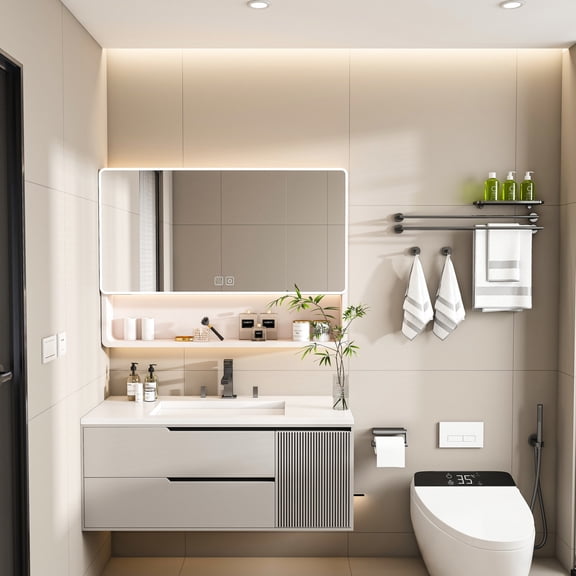 Buffered silent hinges - Three - color LED & defogging - Bathroom door - Noise - free operation