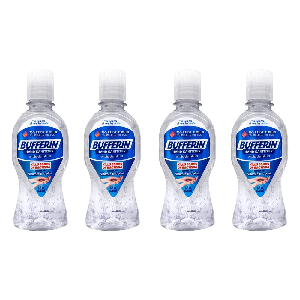 Bufferin Hand Sanitizer Gel with Aloe & Vitamin E. Kills 99.99% of Bacteria. Nourishes and Moisturizes your Skin. 8 oz. Pack of 4
