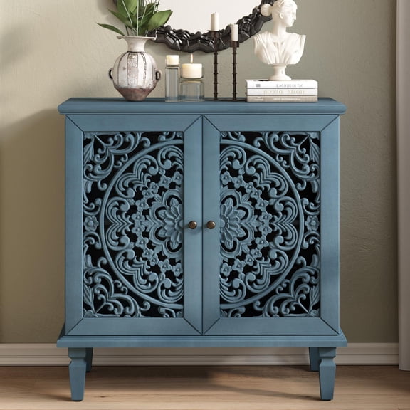 Buffet Cabinet with 2 Doors and 1 Shelf, Wooden Carved Sideboard with Hollow Carved Small Accent Storage Cabinet Coffee Bar Table Console for Living Room Entryway