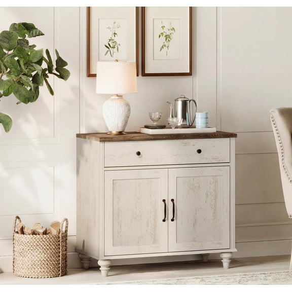 Buffet Cabinet with 2 Doors and One Drawers, Coffee Bar Table Wood Kitchen Storage Cabinets with Storage Cabinets, Modern Farmhouse Sideboard Credenza for Dining Room, Rustic White, 34 inch
