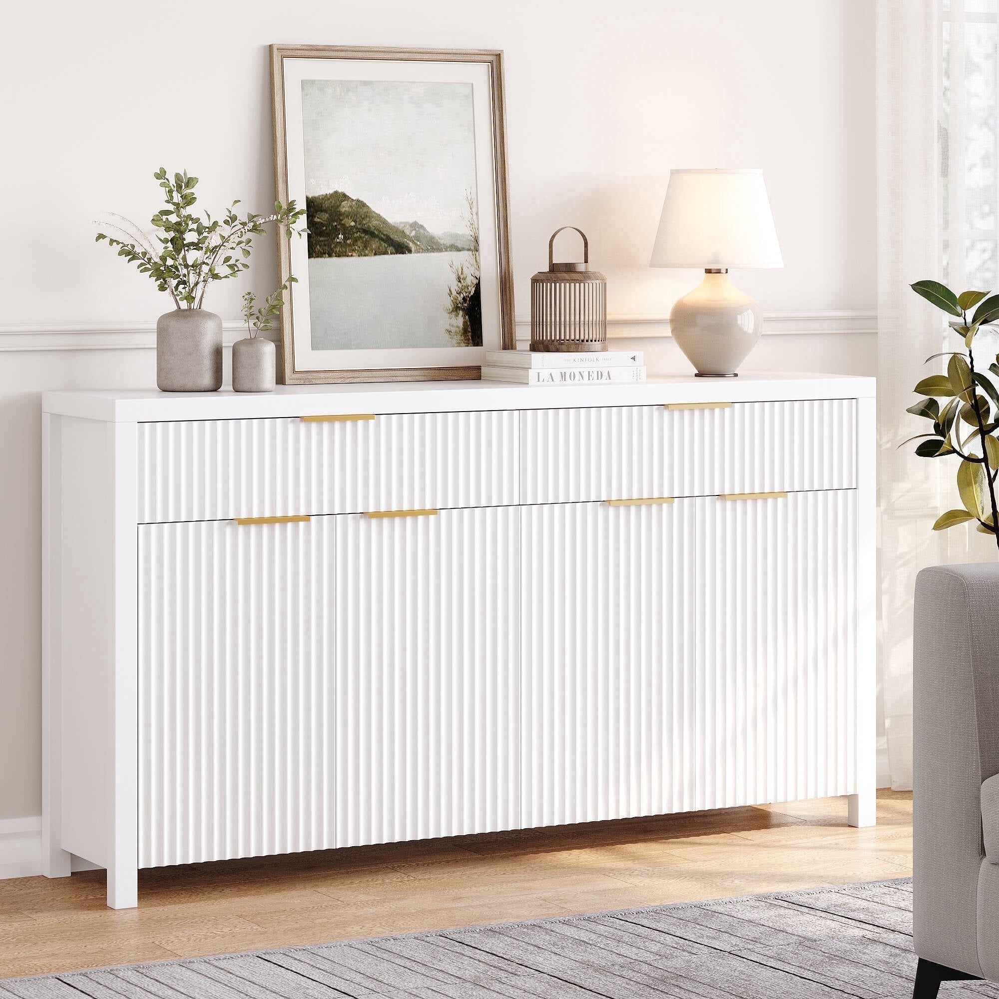 Sideboard Buffet Cabinet with Storage, 55" Storage Cabinet with Fluted Panel Doors & 2 Drawers, Adjustable Shelves for Kitchen, TV Stands for Living Room, Entryway, White