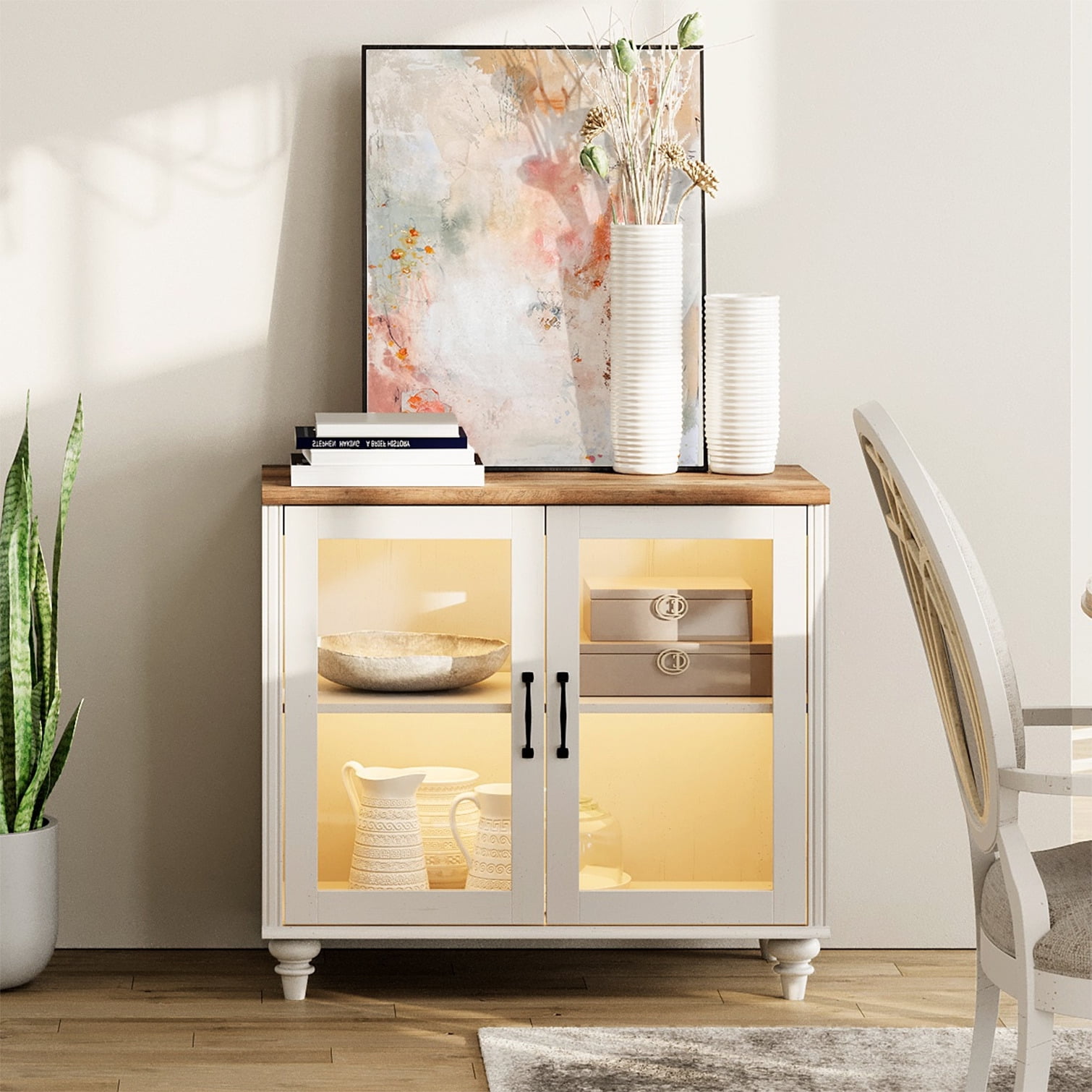 Buffet Cabinet with Ample Storage, Kitchen Sideboard with Glass Door & Adjustable Shelf, Modern Glass Entryway Table or Living Room Dining Room, White