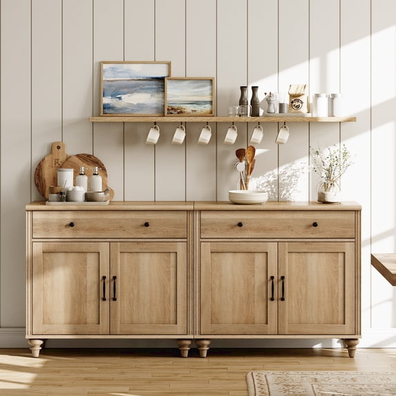 WAMPAT Buffet Cabinet with 4 Doors and 2 Drawers, Large Coffee Bar Table Wood Kitchen Storage Cabinets with Storage Cabinets, Modern Farmhouse Sideboard Credenza for Dining Room,Oak
