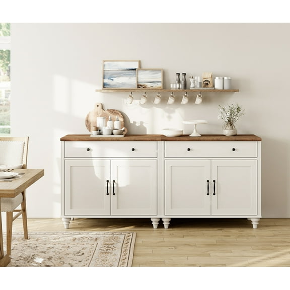 Buffet Cabinet with 4 Doors and 2 Drawers, Large Kitchen Storage Cabinets Wood Coffee Bar Tables with Adjustable Shelf, Modern Farmhouse Sideboard for Dining Room, Living Room, Off White, 68 inch