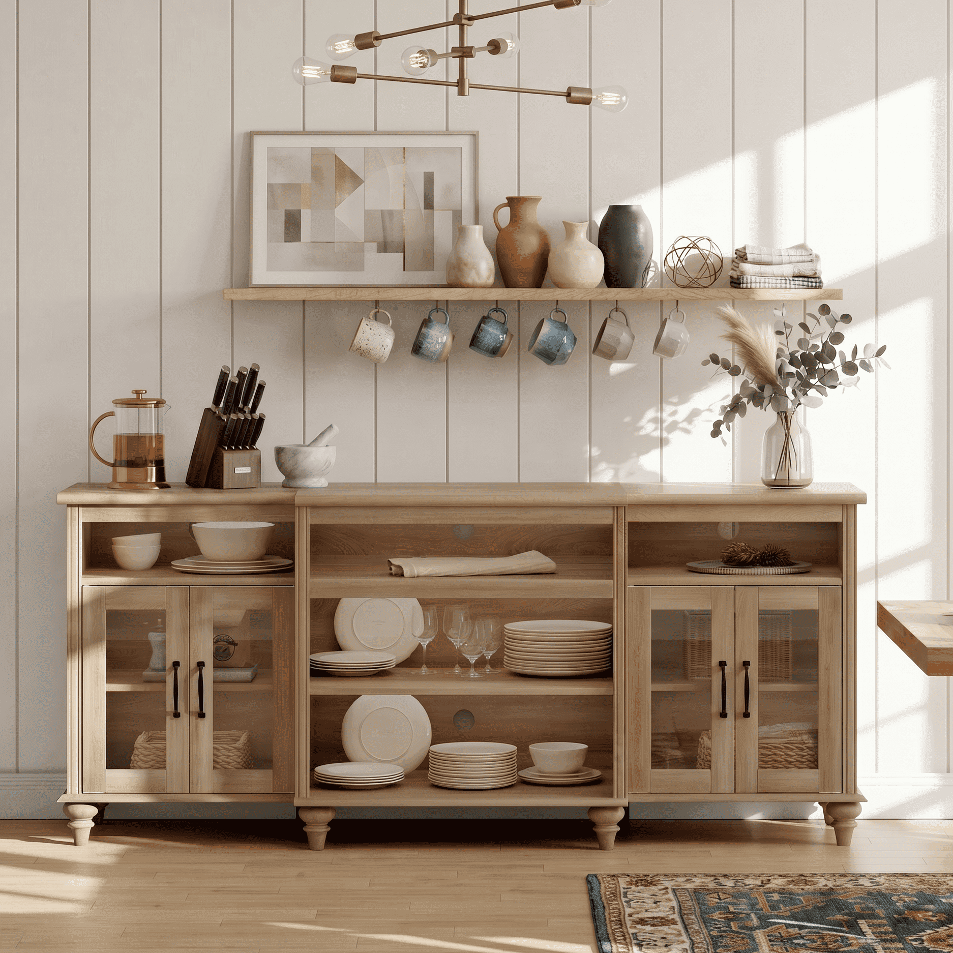 Buffet Cabinet with 4 Glass Doors, Large Coffee Bar Tables Wood Kitchen Storage Cabinets with 9 Storages, Modern Farmhouse Sideboard Credenza, Oak, 70 inch