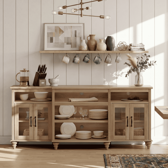 Buffet Cabinet with 4 Glass Doors, Large Coffee Bar Tables Wood Kitchen Storage Cabinets with 9 Storages, Modern Farmhouse Sideboard Credenza, Oak, 70 inch