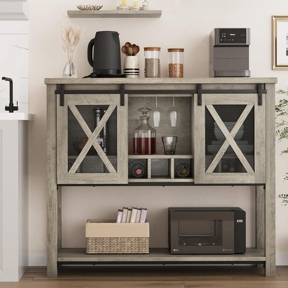 Buffet Cabinet 46.5" Large Buffet Sideboard Cabinet w/ 2 Sliding Barn Doors Farmhouse Wine Cabinet Table Wine Rack Bar Storage Cabinet Entryway Table for Dining Room/ Living Room/ Kitchen, Grey