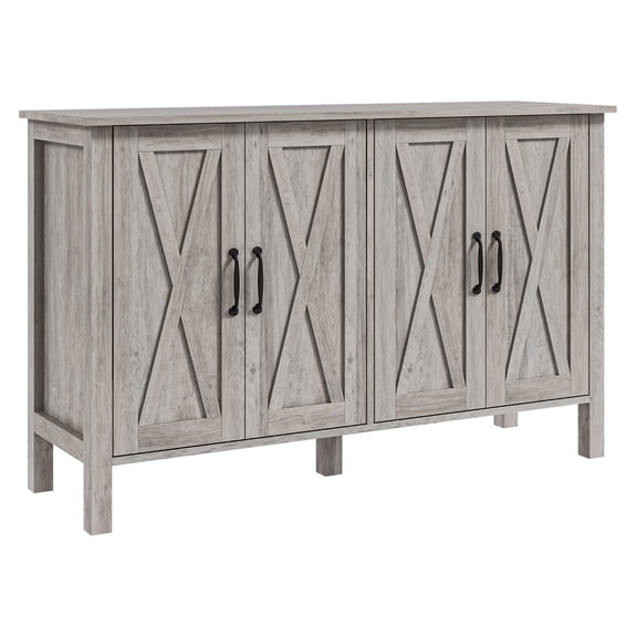 Buffet Cabinet, 47" Sideboard with 4 Barn Doors and 2 Adjustable Shelves, Farmhouse Coffee Bar Cabinet, Gray Wood Grain