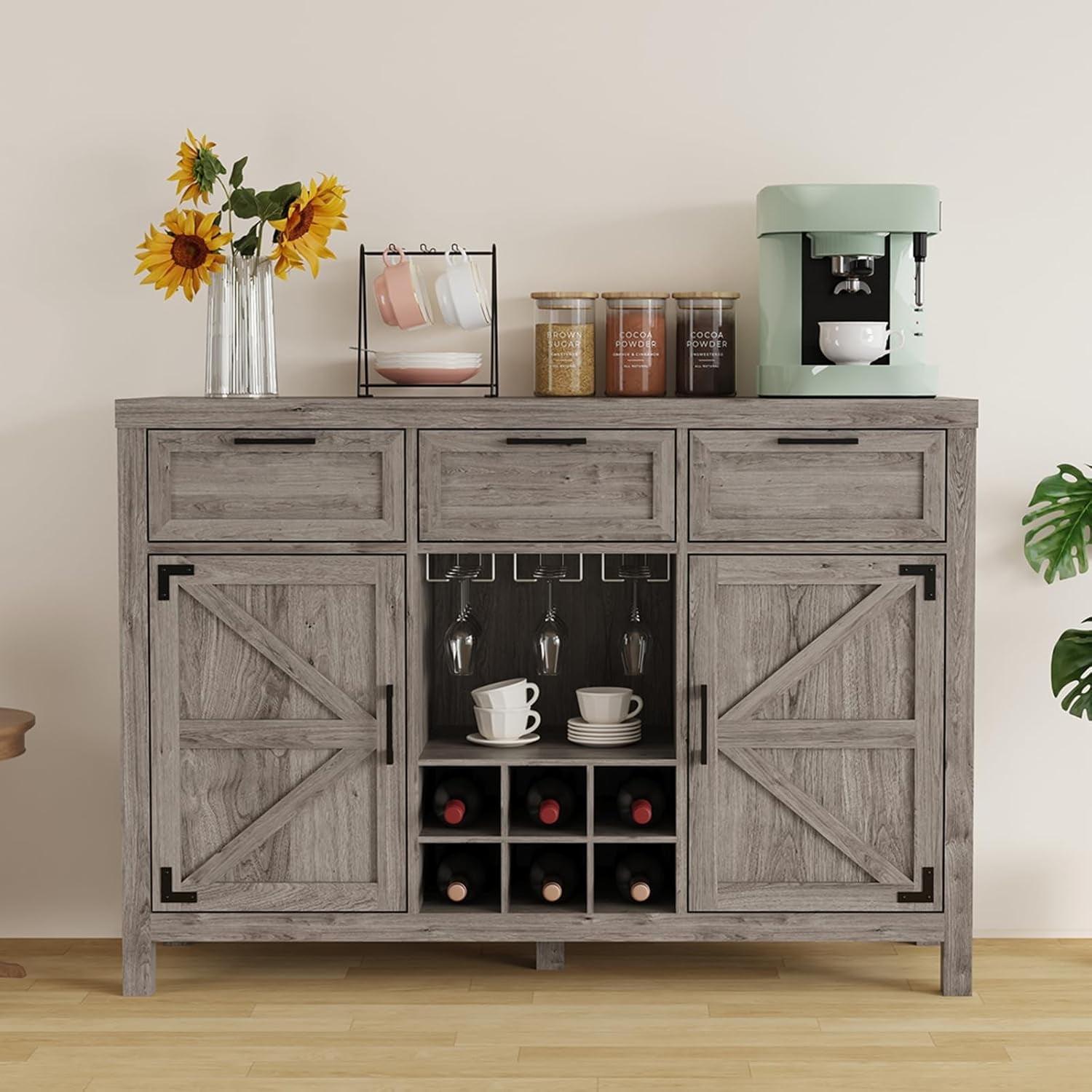 Buffet Cabinet, 48" Coffee Wine Bar Cabinet With 3 Drawers, 2 Barn Door ...