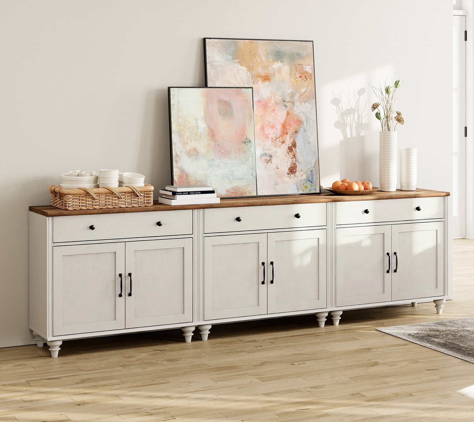 Buffet Cabinet with 6 Doors and 3 Drawers, Large Coffee Bar Table Wood Kitchen Storage Cabinets with Storage Cabinets, Modern Farmhouse Sideboard Credenza for Dining Room, White, 102 inch