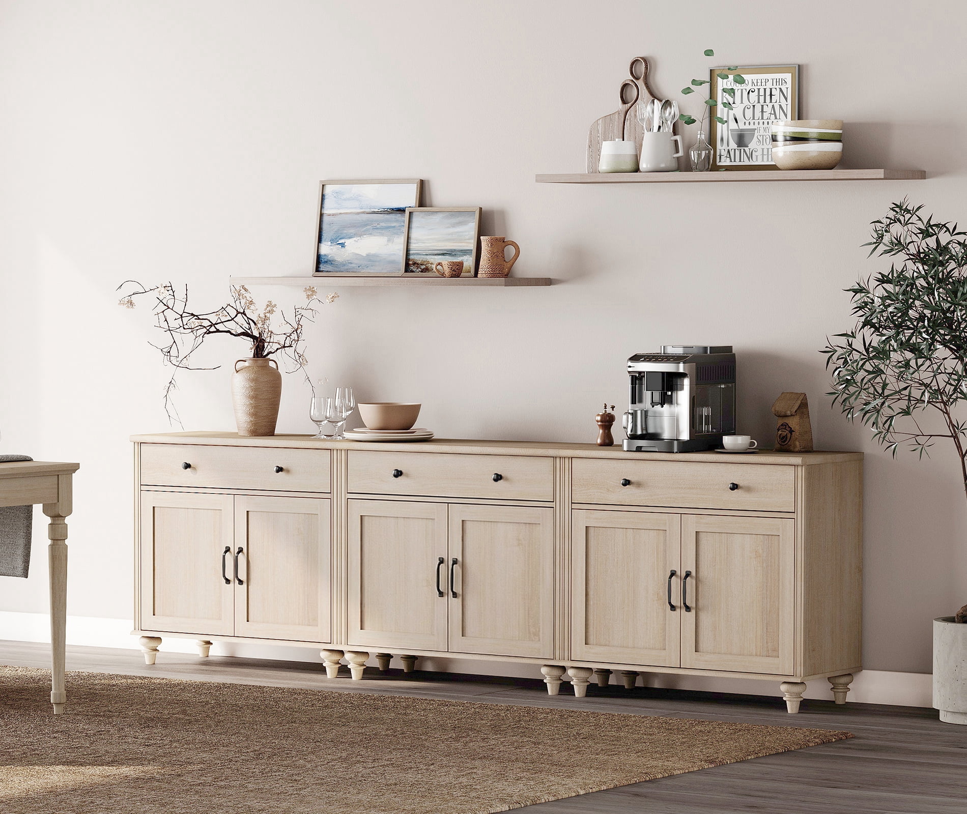 Buffet Cabinet with 6 Doors and 3 Drawers, Large Coffee Bar Table Wood Kitchen Storage Cabinets with Storage Cabinets, Modern Farmhouse Sideboard Credenza for Dining Room, Beige, 102 inch