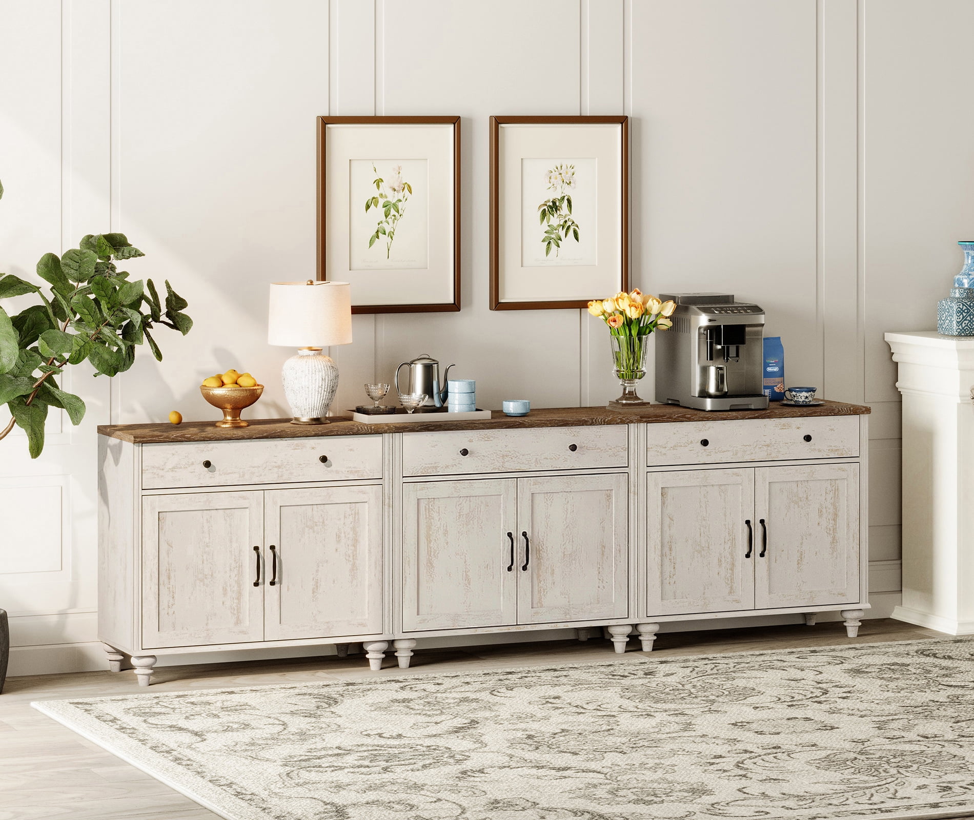 Buffet Cabinet with 6 Doors and 3 Drawers, Large Coffee Bar Table Wood Kitchen Storage Cabinets with Storage Cabinets, Modern Farmhouse Sideboard Credenza for Dining Room, Rustic White, 102 inch