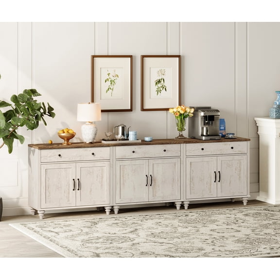 Buffet Cabinet with 6 Doors and 3 Drawers, Large Coffee Bar Table Wood Kitchen Storage Cabinets with Storage Cabinets, Modern Farmhouse Sideboard Credenza for Dining Room, Rustic White, 102 inch