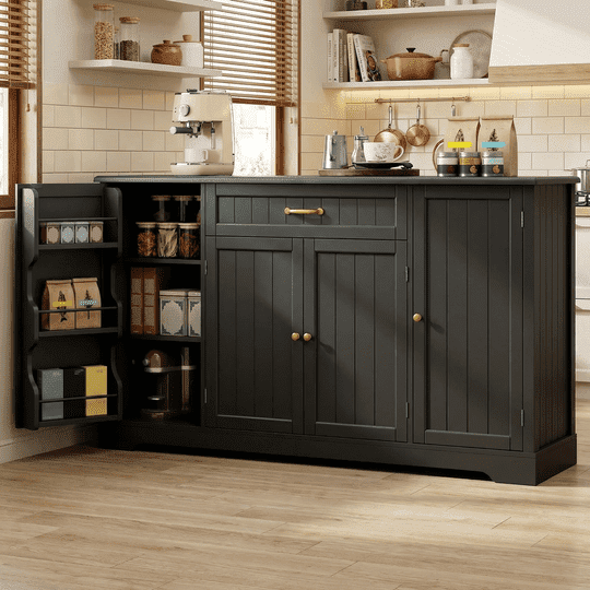 Buffet Cabinet, Aiho Coffee Bar Cabinet with 1 Drawer and 4Doors, 56" Kitchen Storage Cabinet for Kitchen, Living Room and Bathroom - Black