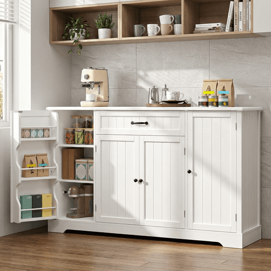 Buffet Cabinet, Aiho Coffee Bar Cabinet with 1 Drawer and 4Doors, 56" Kitchen Storage Cabinet for Kitchen, Living Room and Bathroom - White