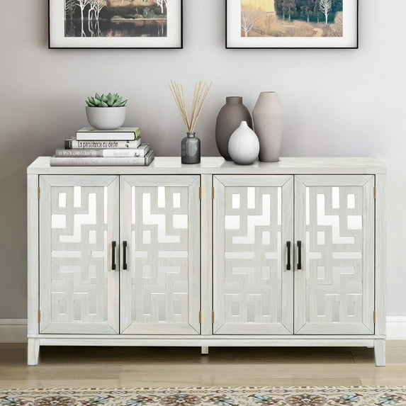 Buffet Cabinet, Atumon Accent Cabinet with 4 Doors, Farmhouse Buffet Cabinet with Adjustable Shelves, Wood Accent Cabinet Furniture for Kitchen Dining Room Living Room, 60"L x 16"W x 34"H, White