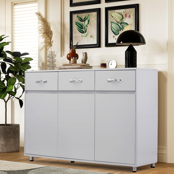 Buffet Cabinet, Console Table with 3 Storage Drawers and 3 Cabinets, Modern Simple Kitchen Sideboard Table with Steel Tube Legs, Grey Console Table for Kitchen Dining Room Furniture Cupboard, S1383