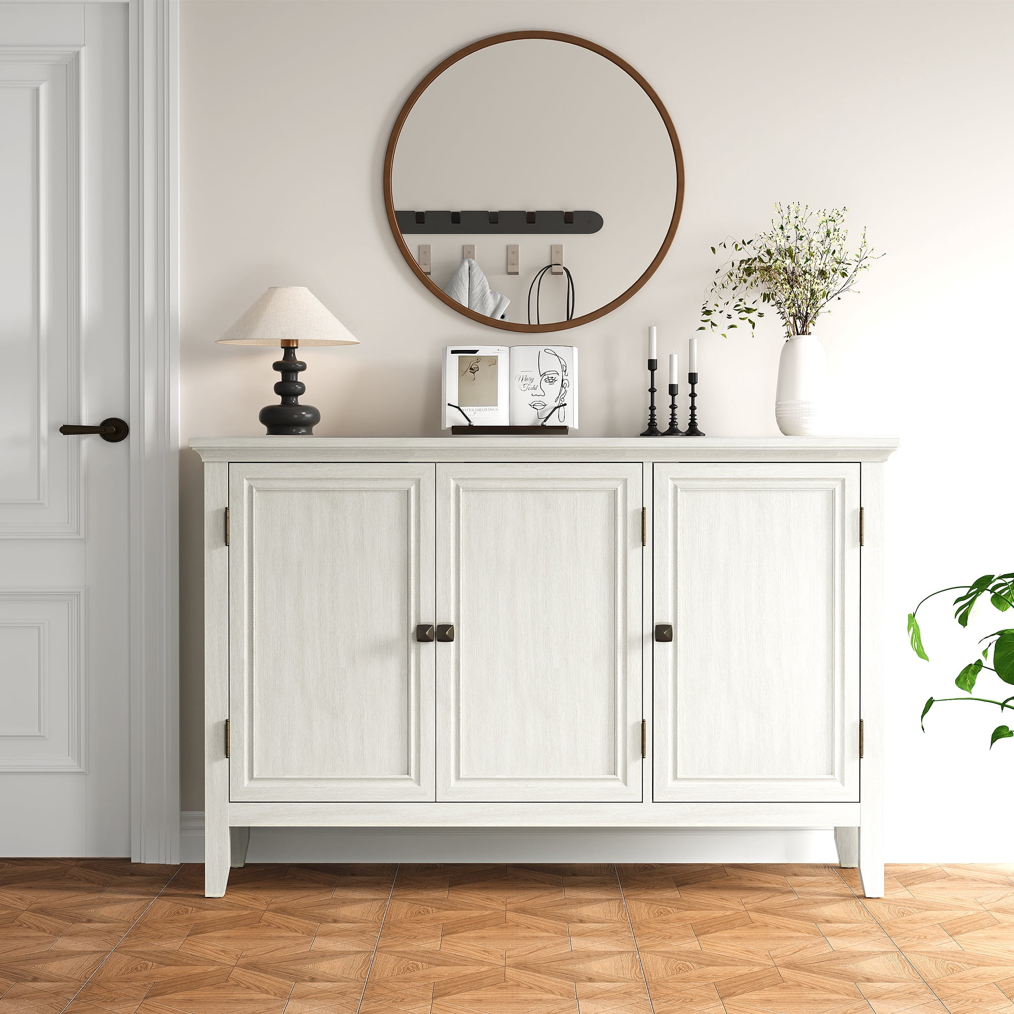 Buffet Cabinet with Doors and Adjustable Shelves, Bohemian Sideboard, Wood Credenza Cabinet Organizer for Bedroom, Living Room, Dining Room, Hallway, Grayish-White