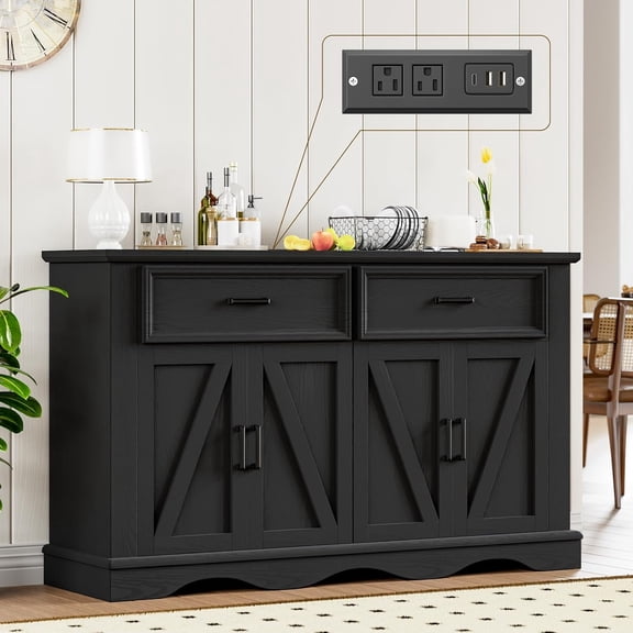Buffet Cabinet with Drawers, 56" Large Sideboard Buffet Storage Cabinet with Shelves and Doors, Wave Base Design, Multi-Purpose Buffet Table with Charging Station for Living Room,Dining Room,Black