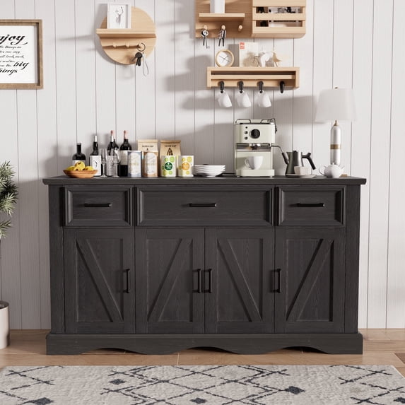 Buffet Cabinet with Drawers, 56" Large Sideboard Buffet Storage Cabinet with Shelves and Doors, Wave Base Design, Multi-Purpose Buffet Table with Charging Station for Living Room,Dining Room,Black