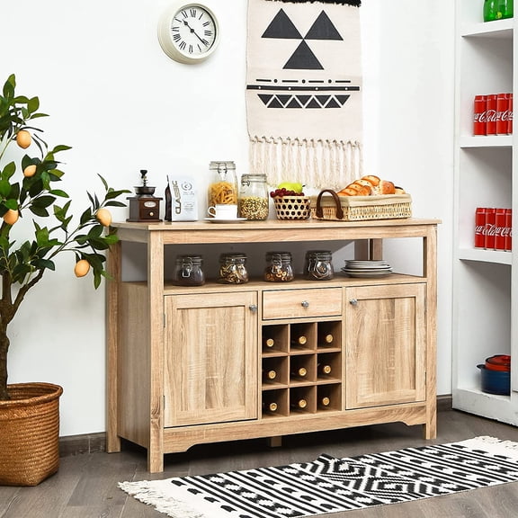 Buffet Cabinet, Farmhouse Coffee Bar Table with Doors & Drawer, Liquor Cabinet with Wine Racks, Wood Buffets & Sideboards, Sideboard Storage Cabinet for Kitchen, Dining Living Room (Natural)
