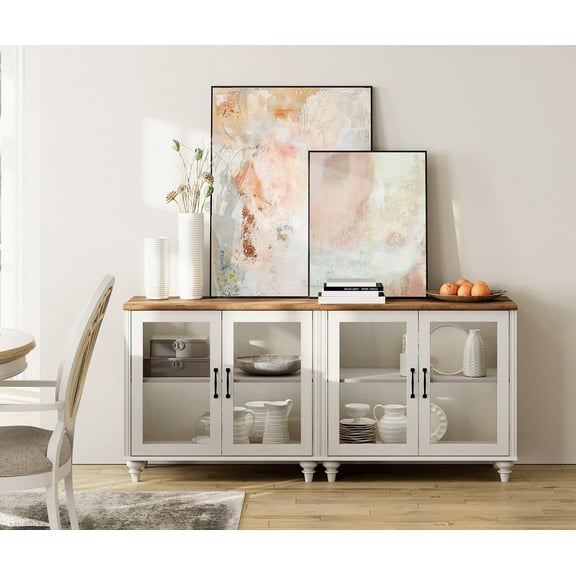 WAMAPT Sideboard Buffet Cabinets with 4-Glass Door, Kitchen Storage Cabinets, Wood Coffee Bar Tables with Adjustable Shelf, Accent Sideboard Table for Dining Room, Living Room, White (2 PCS)