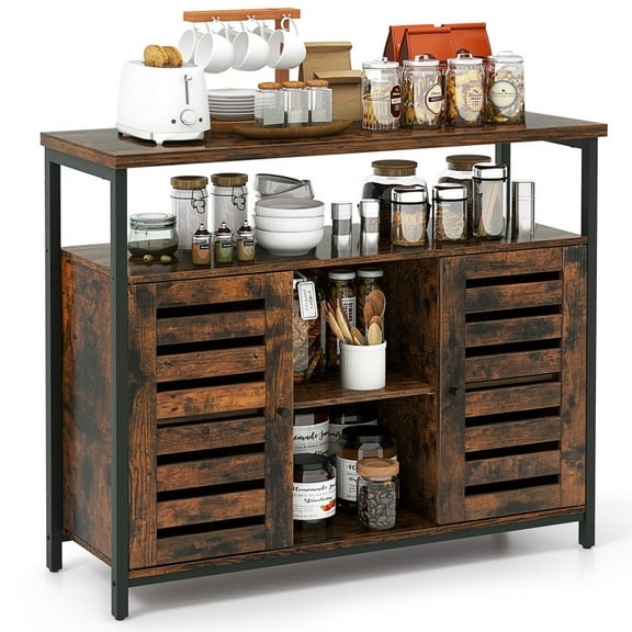 Buffet Cabinet Industrial Sideboard Storage Cabinet with Slatted Door and 3 Adjustable Shelves