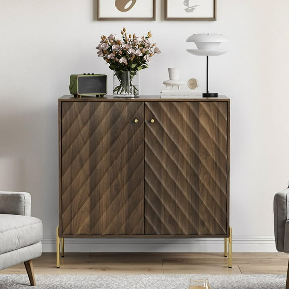 Buffet Cabinet, Mid Century Sideboard Storage with Anti-Rollover Device, Metal Legs, Walnut MDF, 31.5 Inch W