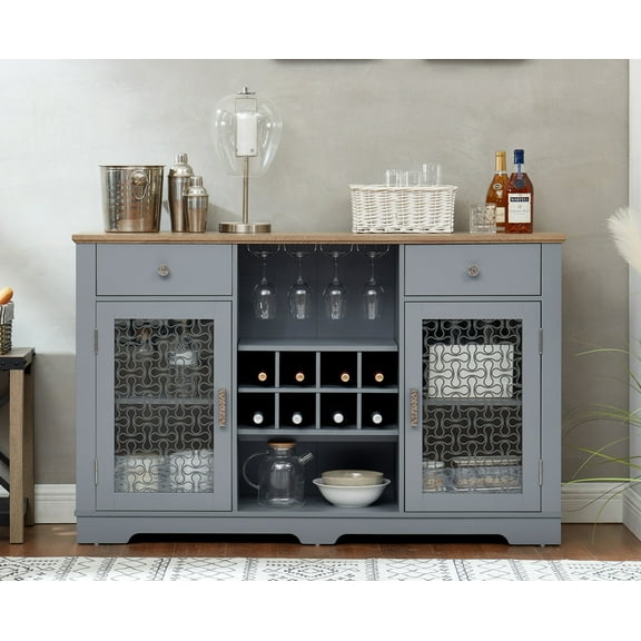 Buffet Cabinet, Sideboard with 2 Drawers and Elegant Glass Door Cabinets, Wine and Glass Rack, Coffee Bar for Kitchen, Dining Room, Light Blue and Light Oak