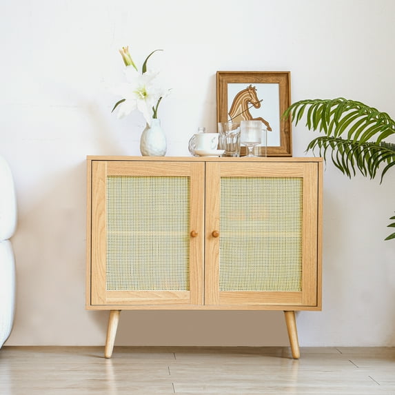 Buffet Cabinet Sideboard 2-door Rattan Decorated Design Storage Cabinet for Kitchen Dining Room Living Room