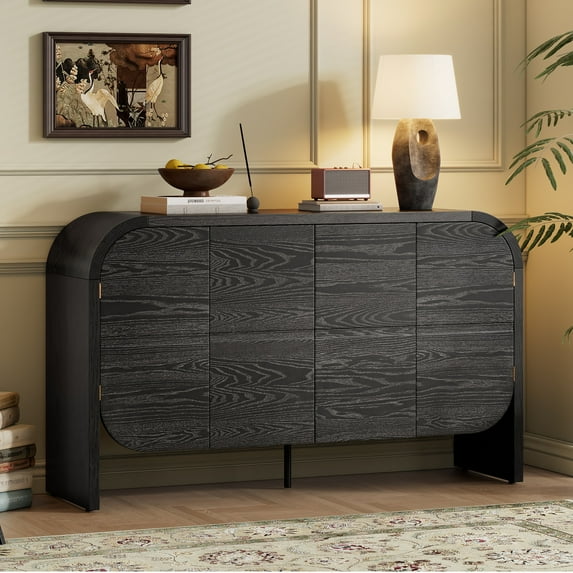 UHOMEPRO Black Buffet Sideboard with 4 Doors, Retro Style Storage Cabinet with Adjustable Shelves, Curvy Edge Credenza for Dining Room, Compact 56in