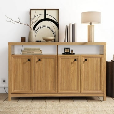 Buffet Cabinet Sideboard Pantry Kitchen Cabinet with Extra Thick MDF Panel Frame, Credenza Storage Cabinet for Kitchen Dining Room Living Room, Natural Walnut (4 Doors)