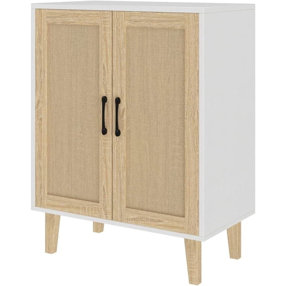Buffet Cabinet Sideboard with Rattan-Decorated Doors, White Kitchen Storage Cupboard