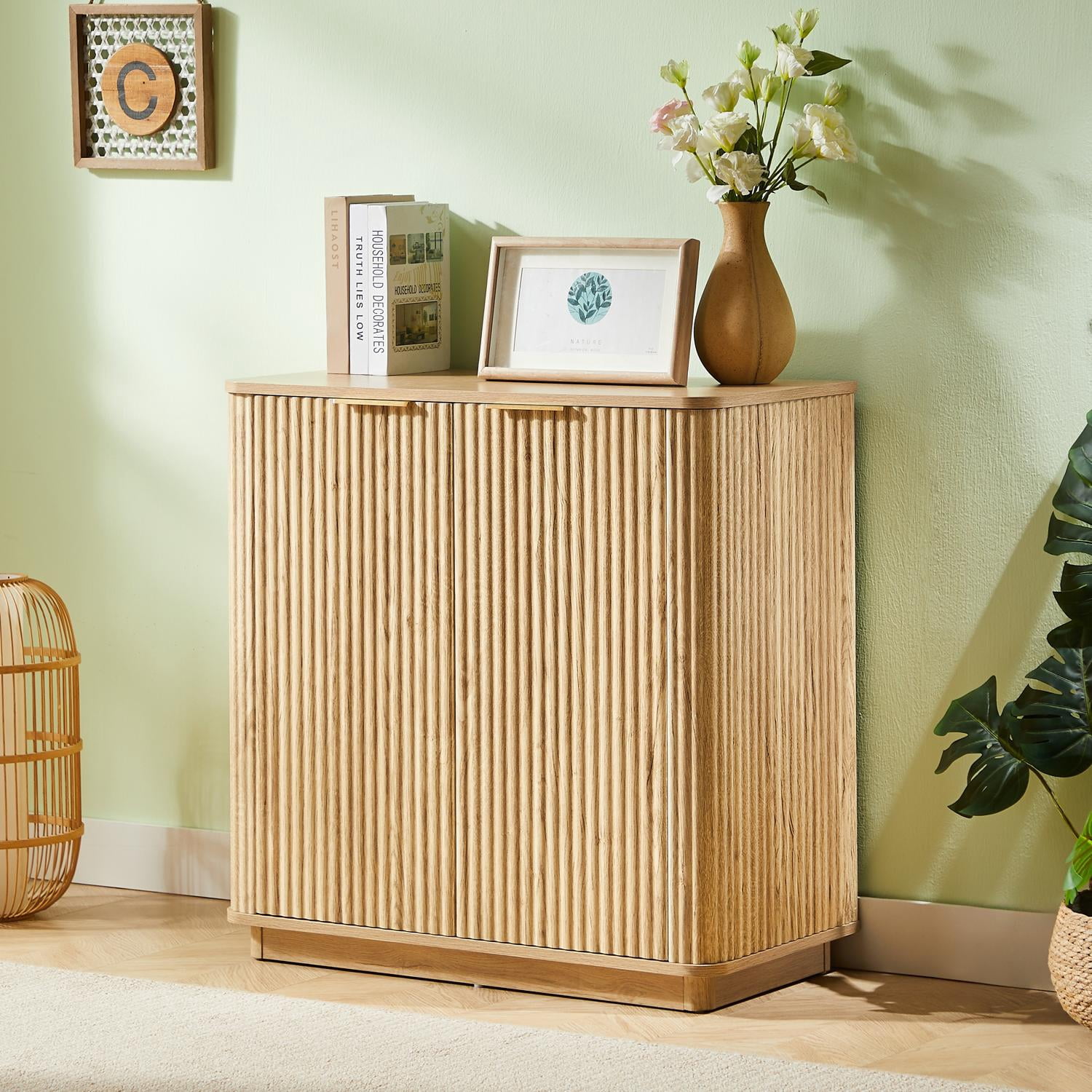 Buffet Cabinet Sideboard with Storage 31.5 Inch, Curved Wave Design Credenza for Bedroom, Living Room, Hallway, Stylish, Oak