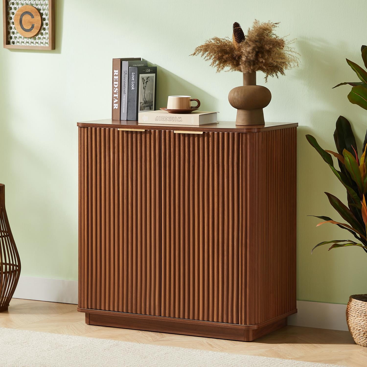 Buffet Cabinet Sideboard with Storage 31.5 Inch, Curved Wave Design Credenza for Bedroom, Living Room, Hallway, Stylish, Walnut