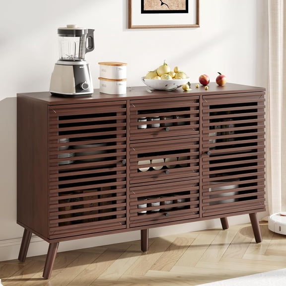 Buffet Cabinet with Slatted Doors, 47" W Sideboard Buffet with Drawers, Modern Mid Century Accent Storage Cabinet for Living Room, Entryway, Kitchen, Walnut