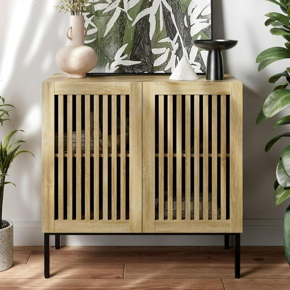 Buffet Cabinet with Storage,31.5" Farmhouse Console Table with Metal Base and Adjustable Shelf,Sideboard Coffee Bar Cabinet with 2 Doors for Kitchen,Dining Room,Living Room,Oak