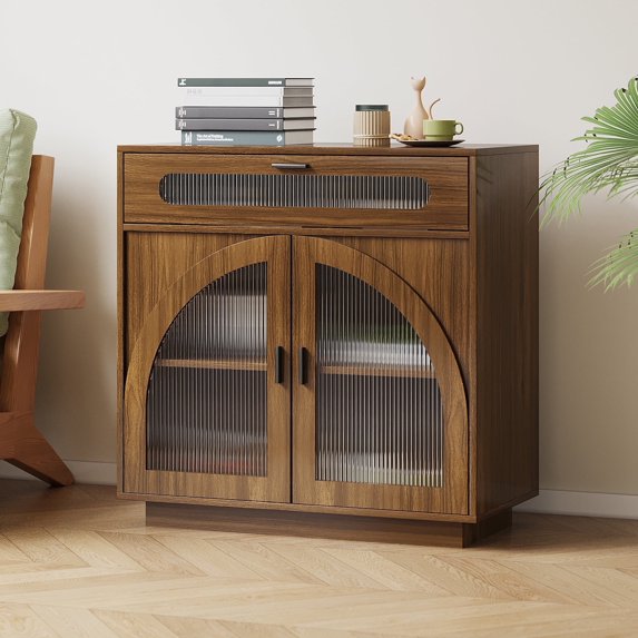 Pusnapku Buffet Sideboard with Storage, 31" Wood Entryway Cabinet with Glass Doors and Drawer, Freestanding Accent Cabinet, for Hallway, Living Room