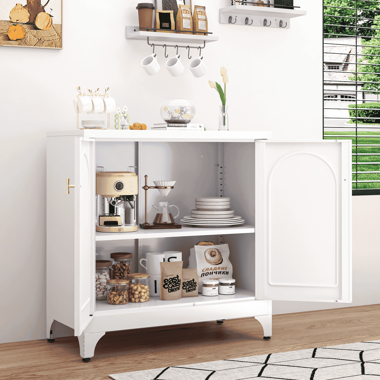 Polup 33-inch Modern White Kitchen Sideboard with Doors and Adjustable Shelves Home Floors Support