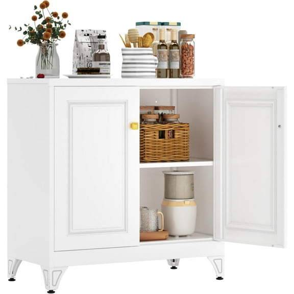 Buffet Cabinet with Storage, 33" H Metal Sideboard Cabinet 2 Doors, White Kitchen Pantry with Adjustable Shelf, Coffee Bar Cabinets, Small Sideboard Storage for Kitchen, Living Room, Office