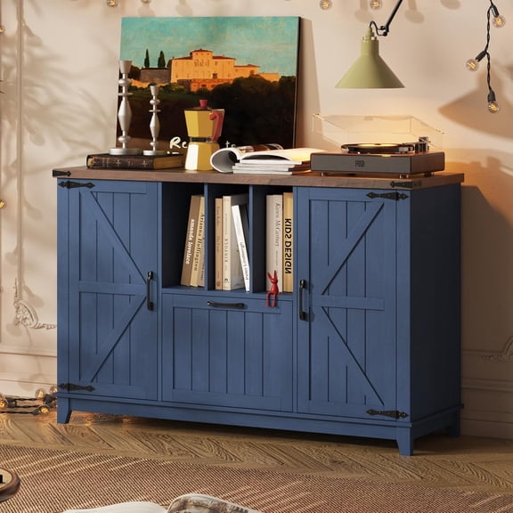 Buffet Cabinet with Storage, 47.2" Kitchen Sideboard Buffet with Large Drawer, Modern Farmhouse Coffee Bar Station with Shelves, Barn Doors Storage Cabinet for Living Room (Navy Blue)