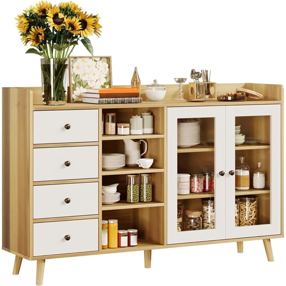 Buffet Cabinet with Storage, 55.1" Farmhouse Sideboard Coffee Bar Table, with 4 Adjustable Shelves, 2 Glass Doors, 4 Drawers, Modern Kitchen Cabinet, Wood Sideboard Buffet for Dining Room, Living Roo